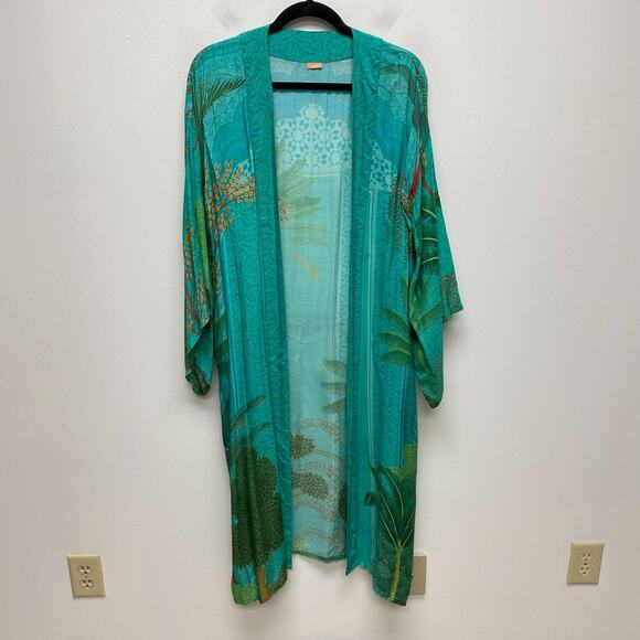 Powder Womens Green Secret Paradise Kimono Gown Belted Open Longline Cardigan OS - Picture 1 of 12